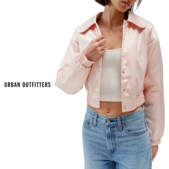 Urban Outfitters Sally Satin Cropped Bomber Jacket - Pink - Size Medium - Picture 1 of 15